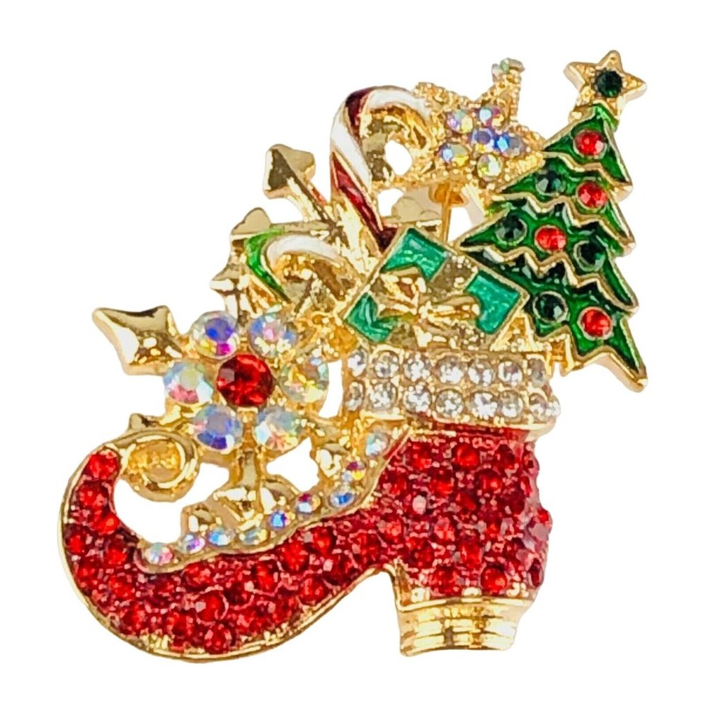 Brooch Christmas Elf Stocking Red & A/B Rhinestone Crystals Gold Tone